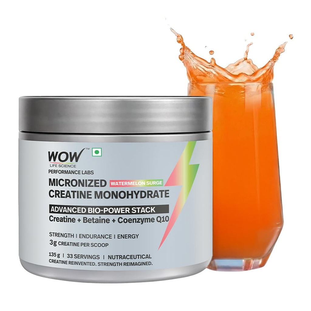 WOW Life Science Micronized Creatine Monohydrate Powder – ADVANCED BIO‑POWER STACK | 3g Creatine per Scoop with Betaine & Coenzyme Q10 | Strength, Power & Lean Muscle Support | No Bloat Formula | No Added Sugar | Great Tasting | For Men & Women | 135g (33 Servings) | Watermelon