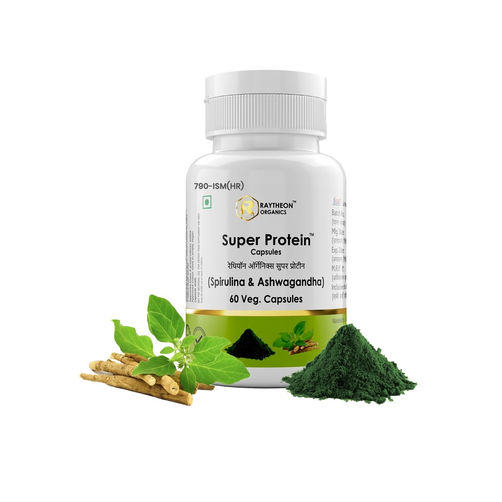 Protein Capsules Super Protein with Spirulina & Ashwagandha for Natural Energy and Strength Support, Protein Supplement & Protein Tablets – 60 Vegetarian Capsules