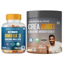 Naturaltein Creatine Monohydrate (100g, 33 Servings) + Omega-3 Fish Oil 1250mg (30 Softgels) | Strength, Power & Recovery | Triple Strength EPA DHA | Unflavoured, No Added Sugar