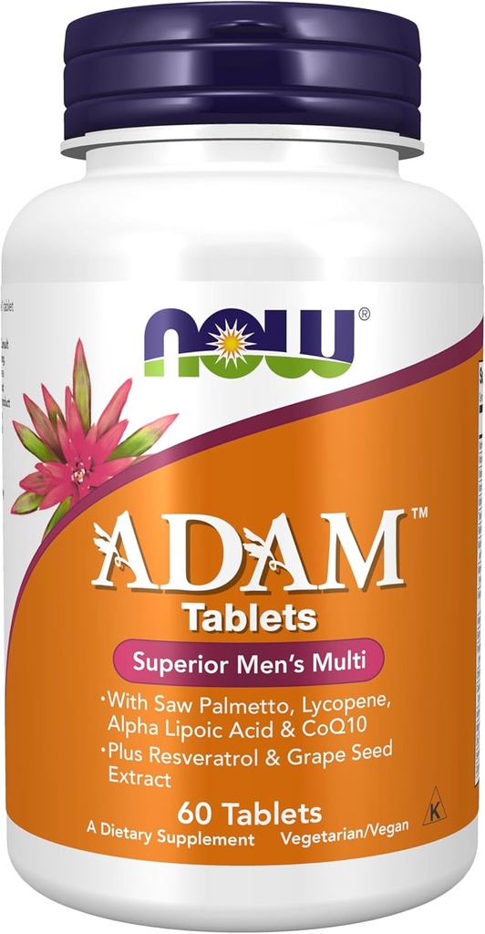NOW Foods Supplements, ADAM™ Men's Multivitamin with Saw Palmetto, Lycopene, Alpha Lipoic Acid and CoQ10, Plus Natural Resveratrol & Grape Seed Extract, 60 Tablets