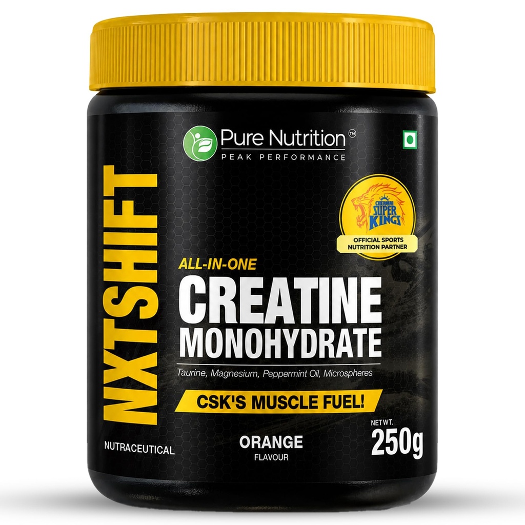 Pure Nutrition Creatine Monohydrate Powder - 250g (Orange) | All-In-One Muscle Fuel with Taurine & Magnesium | 25 Servings | Advanced Strength, Power & Recovery Formula for Men & Women