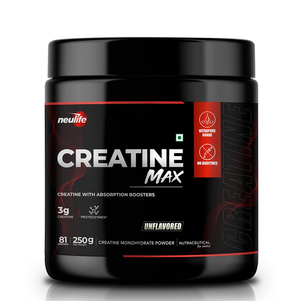 Neulife Creatine - MAX 100%, 250g - 81 servings | Pure Micronized Creatine Monohydrate Powder - Enhanced Absorption Boosters | Heavy Metal Free | Muscle Strength | Recovery & Performance - Unflavored