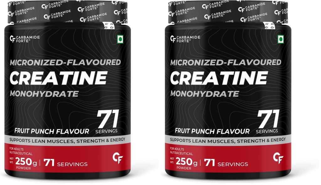 Carbamide Forte Creatine Mono hydrate Powder | Micronized Monohydrate Creatine 250g | Micronized Monohydrate Supplement for Lean Muscle, Strength & Energy - Fruit Punch- 71 Servings - 250g (Pack of 2)