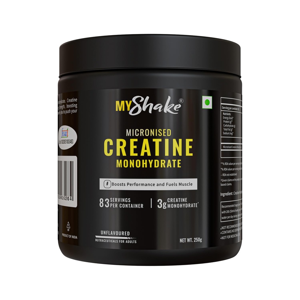 MyShake Micronised Creatine Powder - 250gm (83 Servings) | 3g Creatine Monohydrate Per Serve | Rapid Absorption, Boost Strength & Fuels Muscle | Supports Athletic Performance & Power