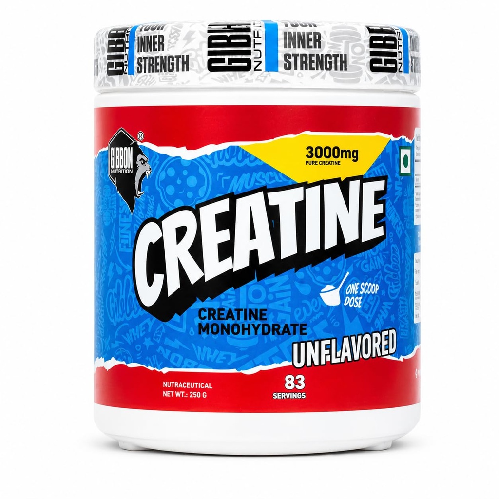 Gibbon Creatine Monohydrate Powder 250g | 3000mg Micronised Pure Creatine per Scoop | 83 Servings | Pre & Post Workout for Strength, Muscle Gain & Recovery | Unflavoured | Vegan, Lab-Tested, FSSAI