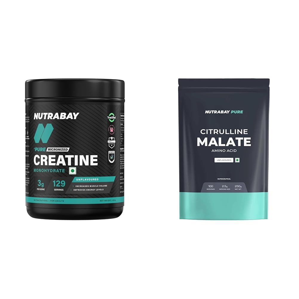 Nutrabay Pure Micronised Creatine Monohydrate Powder 3000 mg/Serving |Trustified Certified | Fast | Nutrabay Pure 100% Citrulline Malate Powder 2500mg per Serving - Boosts Nitric Oxide, Pre Workout
