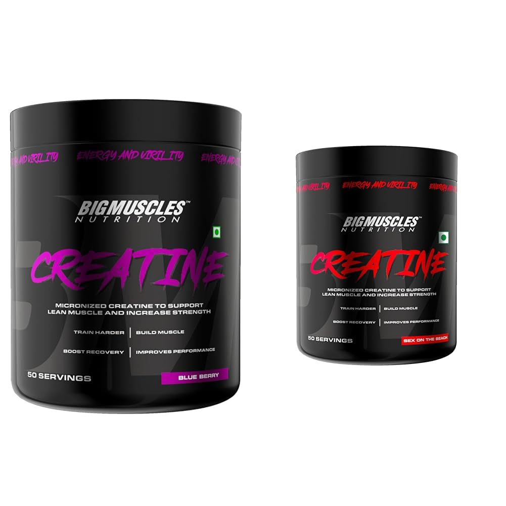 Bigmuscles Nutrition Creatine 155G (50 Servings) Blueberry | Micronized Monohydrate For Muscle Recovery & Strength & Bigmuscles Creatine Powder 155G (50 Servings) Sex On The Beach Combos