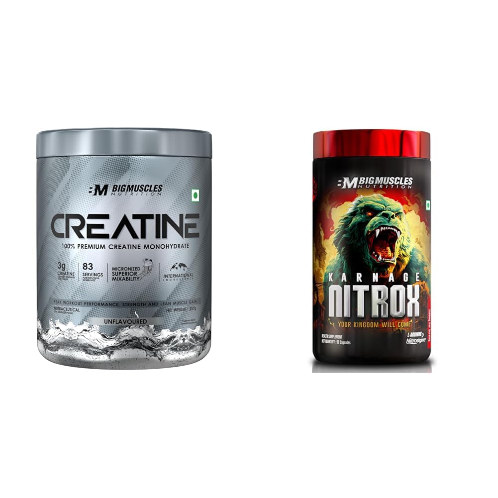 Bigmuscles Nutrition Creatine [257g, 83 Servings] | Unflavoured | Micronized Creatine Monohydrate | Bigmuscles Nutrition Karnage Nitrox (90 Capsules)
