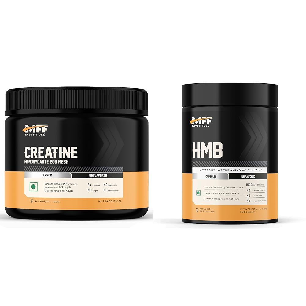 MyFitFuel Creatine Monohydrate 200 mesh (.22 lbs) 100 gm Unflavored | MyFitFuel HMB (1500mg), Pure HMB for Muscle Strength (90 Capsules)