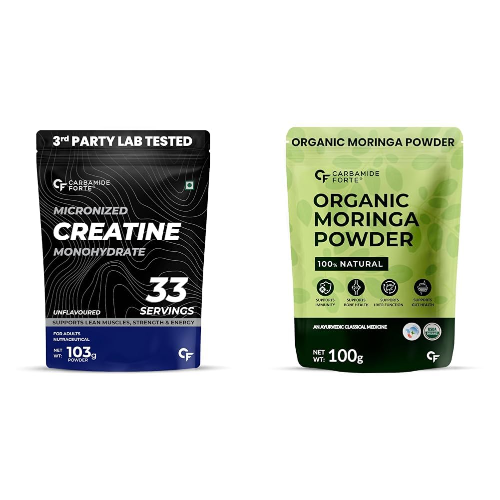Carbamide Forte Creatine Mono hydrate Powder Unflavoured - 103g & 100% Moringa Powder Organic 100g
