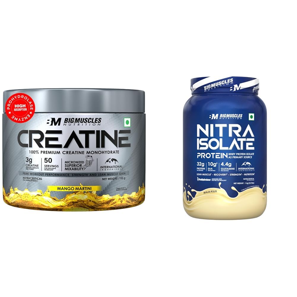 Bigmuscles Nutrition Creatine [155g, 50 Servings]|Mango Martini | Micronized Creatine Monohydrate | Bigmuscles Nutrition Nitra Isolate [1kg, Malai Kulfi] | 32g Protein | 10g EAA | Whey Protein with