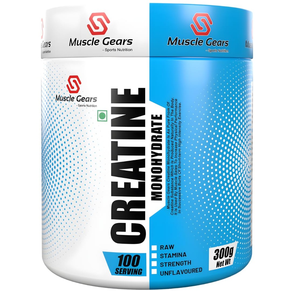 Muscle Gears Creatine Monohydrate Powder | Pure Micronized Creatine | Muscle Strength, Power & Endurance | Stamina & Recovery | Fast Absorption | Unflavoured | 100 Servings | 300g
