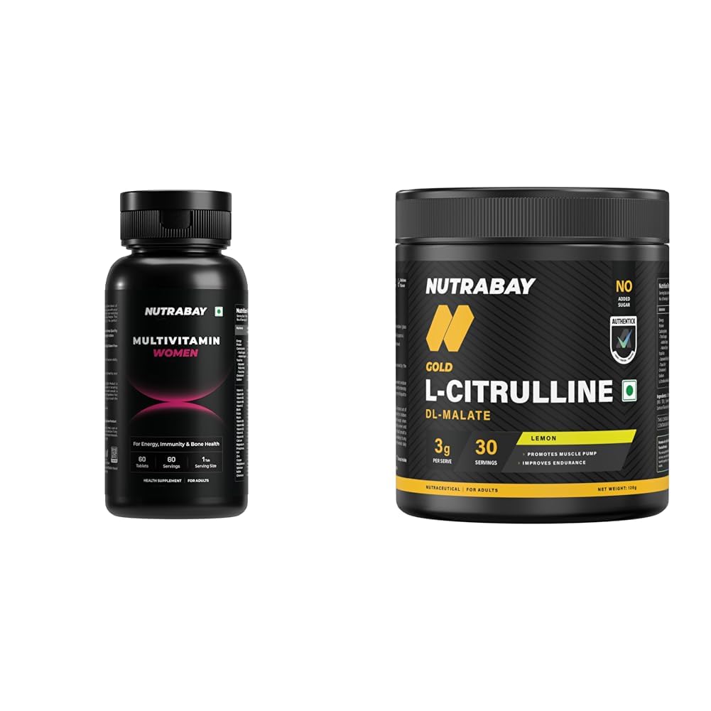 Nutrabay Pro Active Multivitamin for Women – Effective Doses of Iron, Vitamin A, B5, B6, C, D, E & | Nutrabay Gold Citrulline Malate 2:1 Supplement Powder 120g, Lemon Flavor – Boosts Nitric Oxide – P
