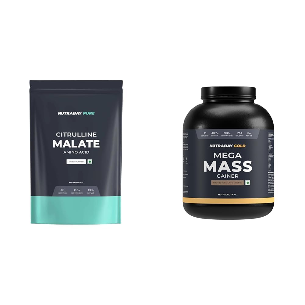 Nutrabay Pure 100% Citrulline Malate Powder 2500mg per Serving - Boosts Nitric Oxide, Pre Workout | Nutrabay Gold Mega Mass Gainer Powder - 2kg, Rich Chocolate Creme | 100% Veg | 40.7g Protein, 122g