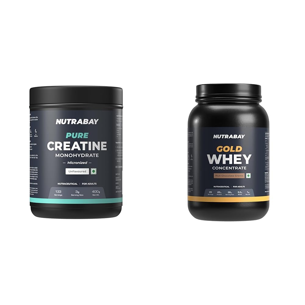Nutrabay Pure Micronised Creatine Monohydrate Powder – 400g, Unflavoured With Gold Whey Protein Concentrate with Digestive Enzymes – 1kg, Rich Chocolate Crème