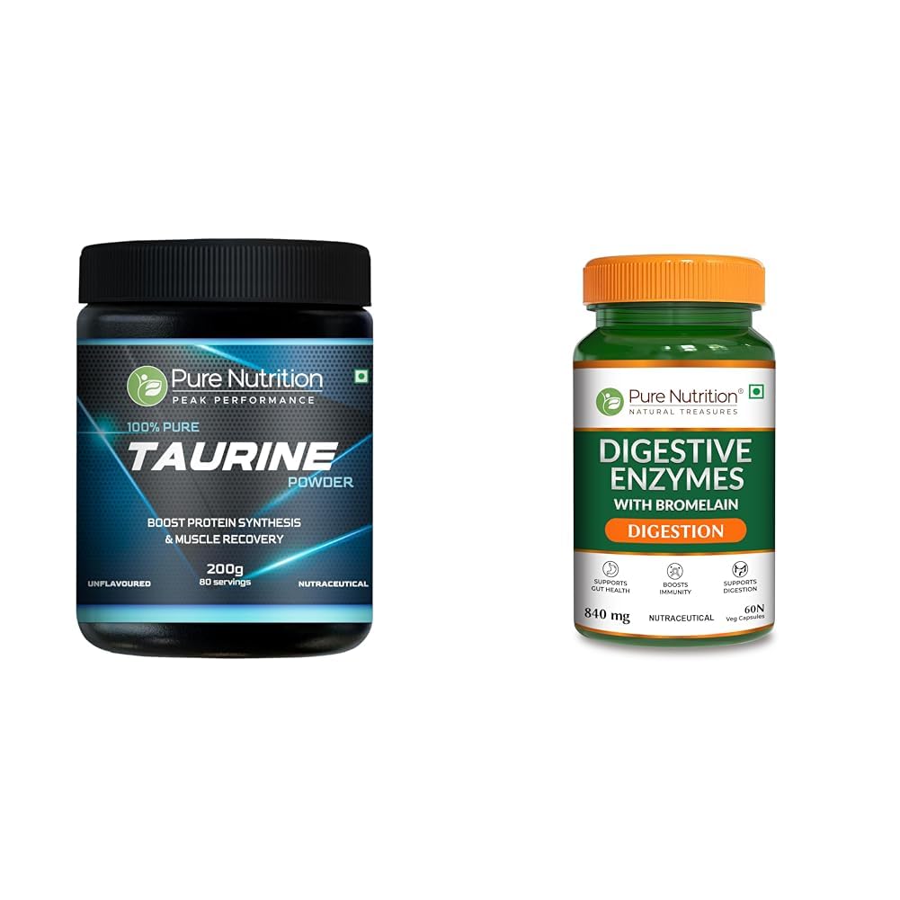 Pure Nutrition L-Taurine Powder 200g | Premium Amino Acid Supplement | Boosts Muscle Recovery & Pe | Pure Nutrition Digestive Enzymes 840mg with Bromelain - 60 Veg Capsules | Supports Digestion, Nutr