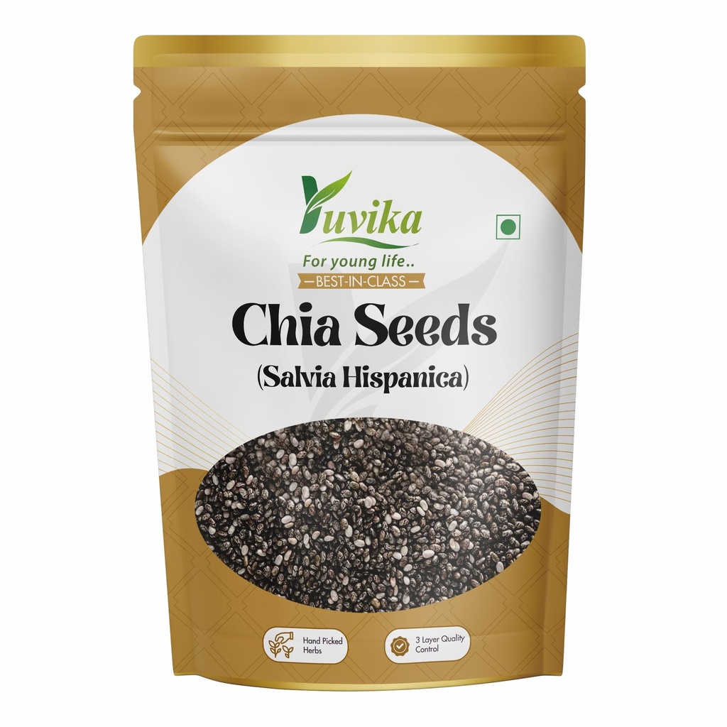 YUVIKA Chia Seeds - Salvia Hispanica, Omega-3 Seeds, Gluten Free, Source of Dietary Fibre, Calcium, Protein, Iron & Magnesium, 100 Grams