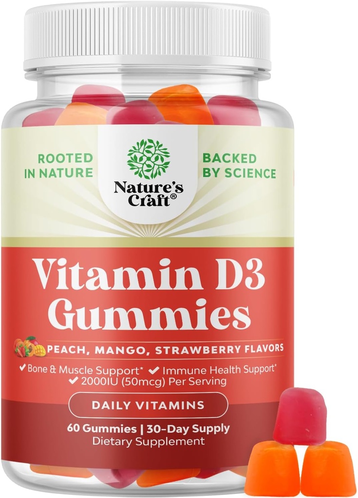 Natures Craft Vitamin D3 Gummies for Daily Wellness - Delicious D Adults with 2000IU per Serving Bone Muscle & Immune Support Non-GMO Gelatin Gluten Free (30 Day Supply)