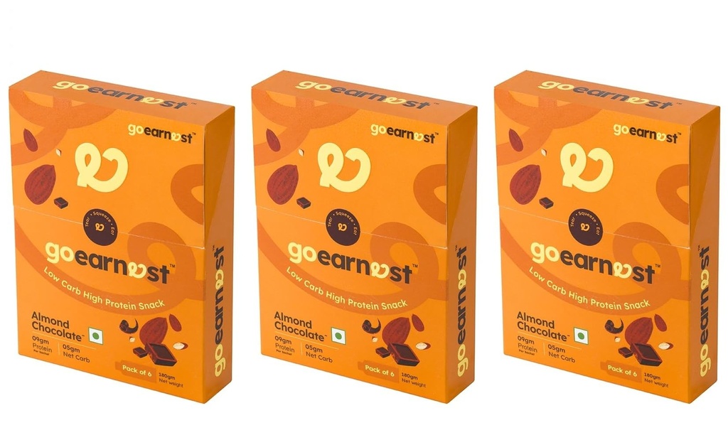 Goearnest Almond Chocolate Low Carb, High Protein Snack | 9g Protein, 5g Net Carbs | No Added Sugar, High Fibre, Gluten Free | 30g,Pack of 3
