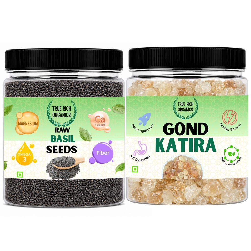 True Rich Organics Basil Seeds and Gond Katira Combo 300g | for Weight Management| Rich in Calcium, Fiber, Energy Booster Combo Pack 150g Each