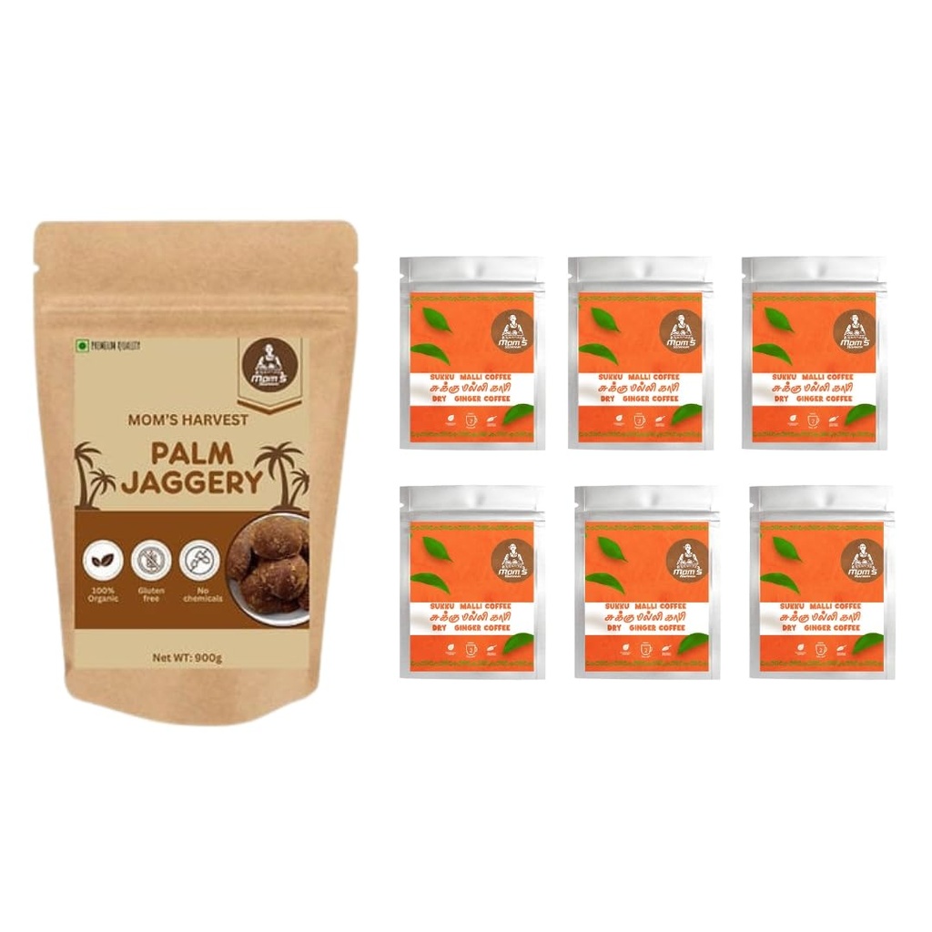 MOM'S HARVEST Palm Jaggery 450g + Herbal Sukku Malli Coffee Powder with Karupatti (35g x 6 Packs) | Herbal Energy Combo