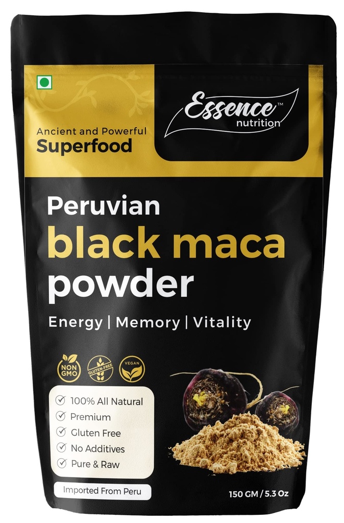 Essence Nutrition Original Black Maca Root Powder (150gm) - Pure & Effective Maca for Workout, Stamina & Strength | Imported from Peru - Use as a Maca Coffee For Men