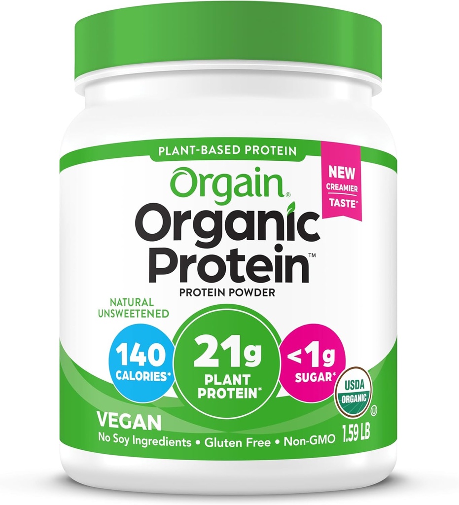 Orgain Organic Vegan Protein Powder, Natural Unsweetened - 21g of Plant Protein, 4g Prebiotic Fiber, Low Net Carbs, No Lactose Ingredients, No Added Sugar, Non-GMO, For Shakes & Smoothies, 1.59 lb