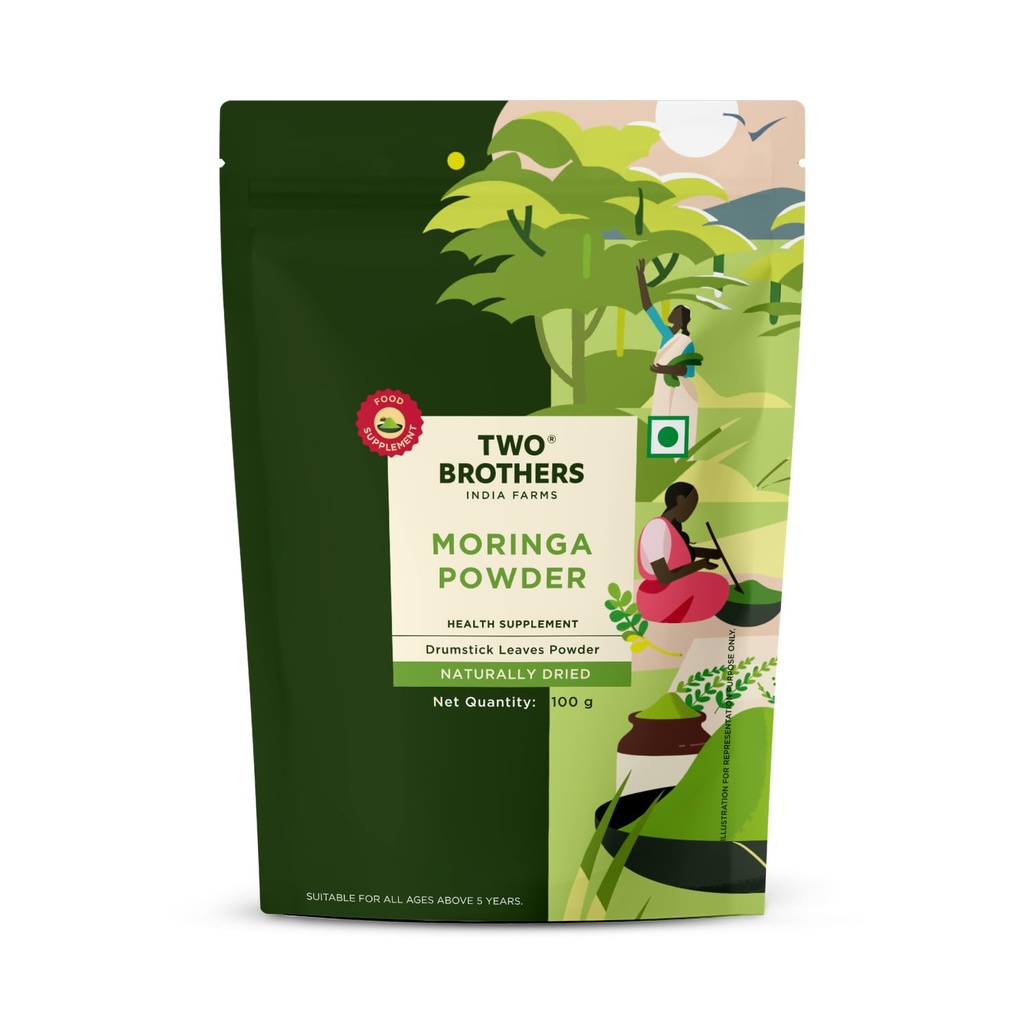 Two Brothers Organic Farms Moringa Powder | Rich in Nutrients | Contains essential vitamins and minerals | Naturally boosts energy and overall gut health | Chemical Free Lab - Tested 100 gms