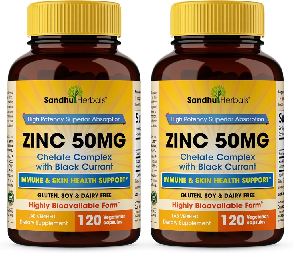 Sandhu Herbals Zinc 50mg Supplement for Men & Women| High Absorption Monomethionine Complex with Black Currant 120 Capsules (Pack of 2)| Zink Supplements for Immune, Acne & Antioxidant Support