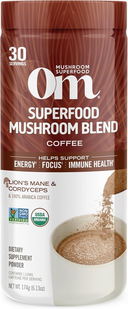 OM MUSHROOM SUPERFOOD Coffee Blend – Organic Arabica with Lion’s Mane, Cordyceps, Reishi, Turkey Tail & Ginkgo – Supports Energy, Focus & Clarity – 6.24 oz Canister (30 Servings)