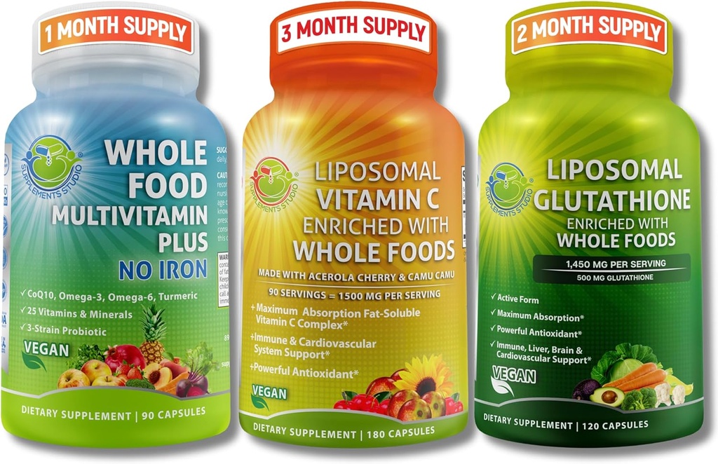 Immune & Daily Wellness Support Bundle for Women & Men – Liposomal Vitamin C 1500mg + Vegan Whole Food Multivitamin No Iron + Liposomal Glutathione 500mg – Vegan, Non-GMO, Clean Daily Wellness Support