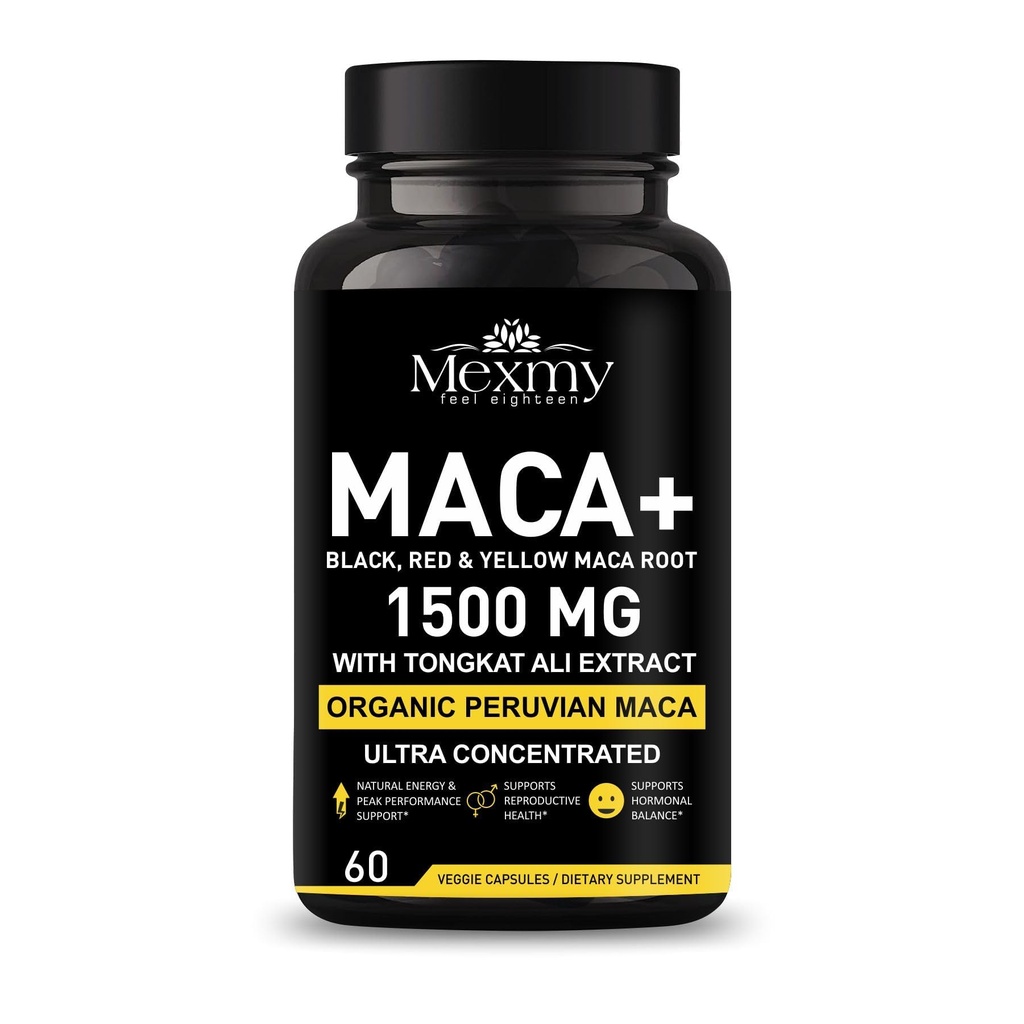 Maca Root Capsules 1500mg with Tongkat Ali | Black, Red & Yellow Maca Blend | Energy, Stamina & Vitality Support | Herbal Performance Supplement | Hormone Balance | 60 Veg Capsules