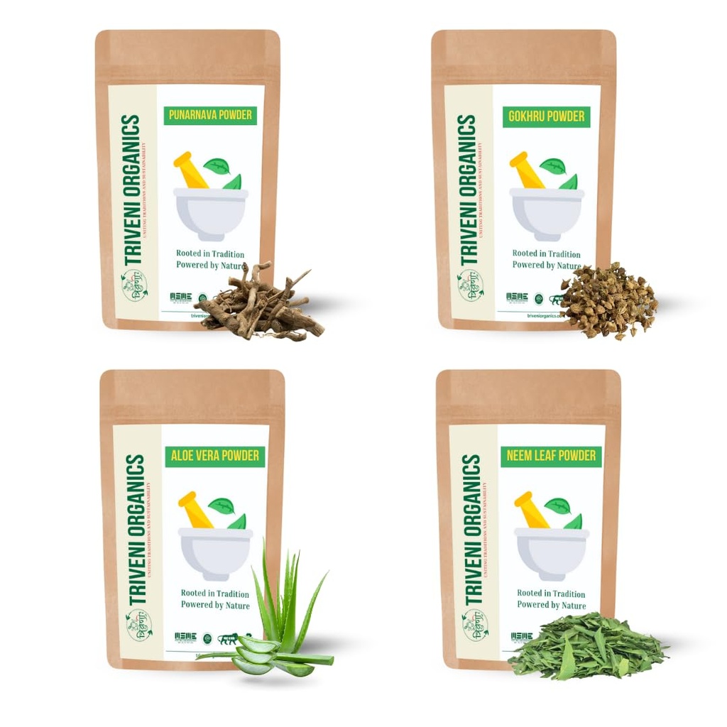 Triveni Organics Liver & Kidney Detox Combo 4×100g | Punarnava, Gokhru, Aloe Vera & Neem Leaf Powders | 100% Organic Ayurvedic Herbal Blend for Kidney Health, Liver Support, Detox & Vitality | Pure Herbal Supplements