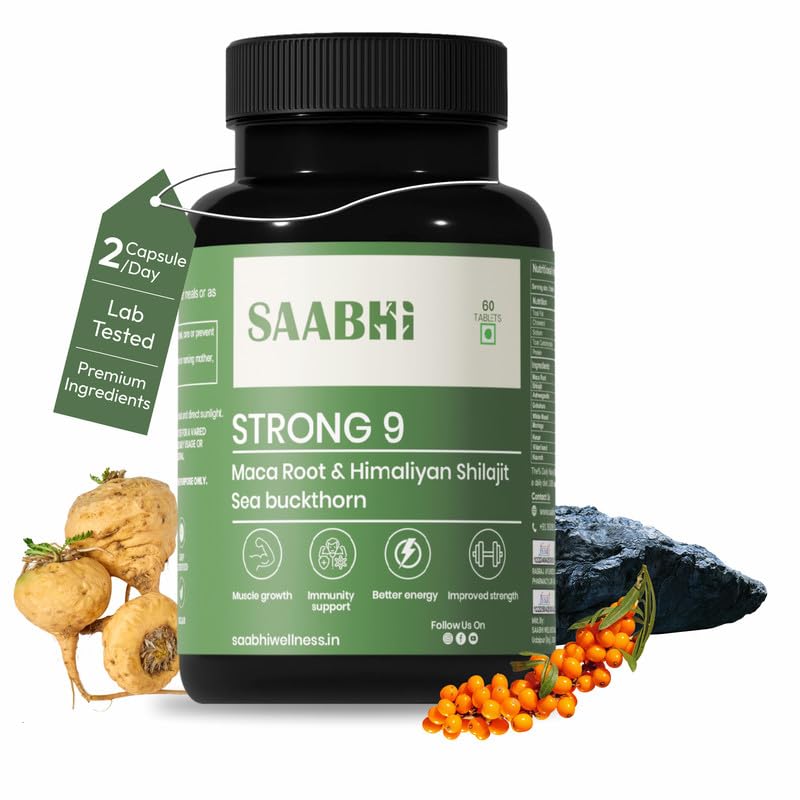 SAABHI Strong 9 Multivitamin for Men | Sea Buckthorn, Shilajit, & Maca Root | Rich in Omega 3,6,7,9 | Optimum Muscle Growth, Performance, & Enhanced Immunity | High Strength Potent Formula | Helps Maintain Overall Health (60 Tablet (Pack of 1))