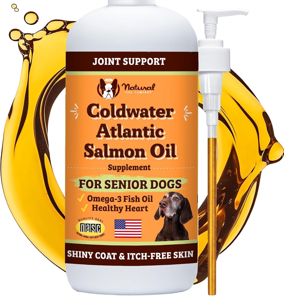 Natural Dog Company Coldwater Atlantic Salmon Oil for Dogs (16oz) - Senior Dog Fish Oil Supplement with Omega 3, Easy to Digest for Senior Dog Fish Oil, Liquid Dog Fish Oil Joint Support Supplement