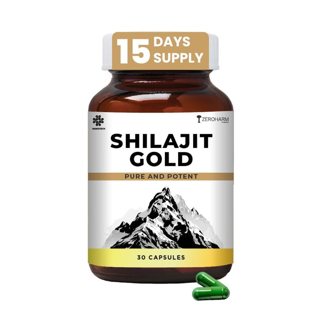 ZEROHARM Nano Shilajit Gold Capsules | Pure Himalayan Shilajit 500mg | Fulvic & Humic Acid | Supports Natural Energy, Stamina & Muscle Growth | Boosts Testosterone Levels for Men | 30 Capsules