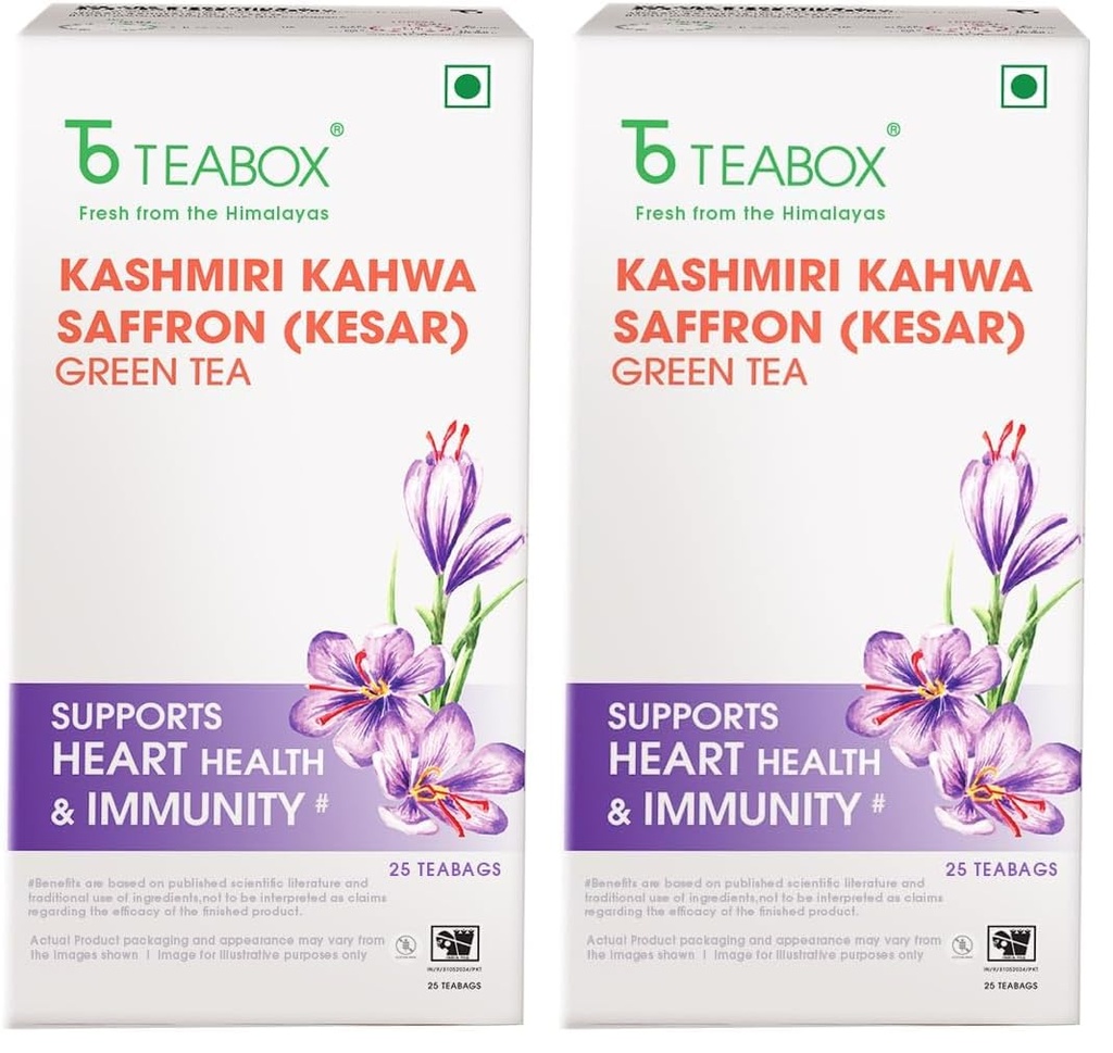 Teabox Fresh Kashmiri Kahwa Saffron (Kesar) Green Tea | 25 Teabags | Green Tea Handblended with Natural Saffron, Almond, Cardamom & Cloves | With Natural Ingredients (Pack of 2)