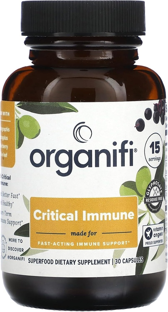 Organifi - Critical Immune - Superfood Immune Support Blend - 30 Capsules - Powerful Blend of Elderberry, Andrographis, Astragalus and Olive Leaf Extract - Rich in Vitamin C and Antioxidants