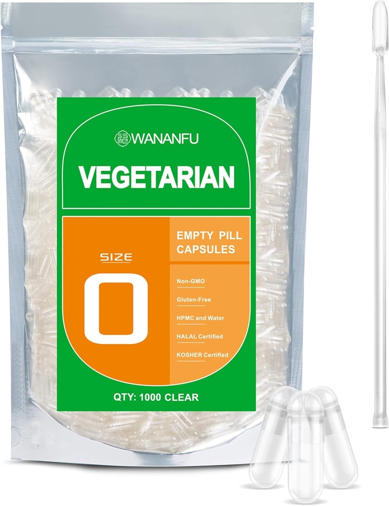 wananfu Size 0 Empty Capsules Vegetarian (1000 Count) Bundle with Micro Lab Spoon, Clear Fillable Veggie Pill Capsules Size 0 for Making Your Own Supplements