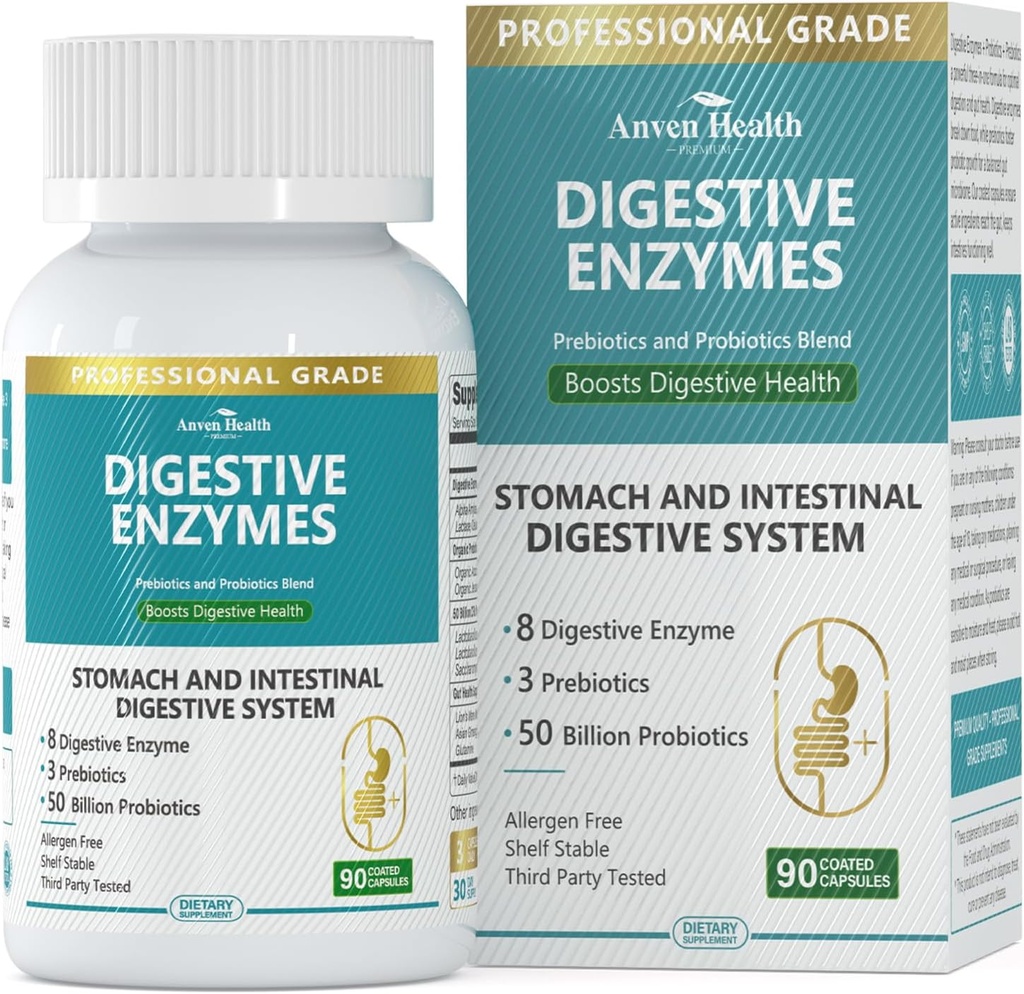 800mg Digestive Enzymes for Men and Women with Probiotics & Organic Prebiotics, 8 Key Enzymes, Protease, Amylase & Lipase for Bloating, Gas Relief, Non-GMO | 90 Capsules