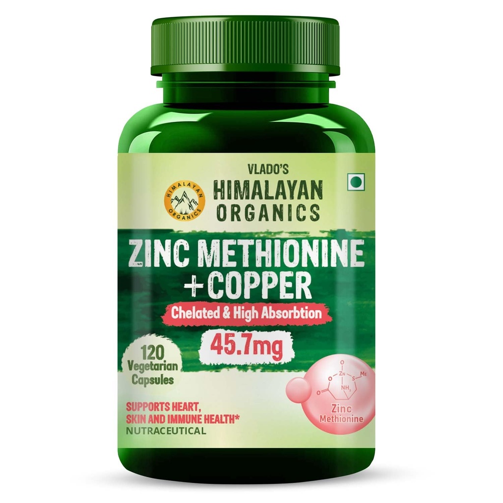 Vlado's Himalayan Organics Zinc Methionine + Chelated Copper 45.7 Mg Supplement For Men and Women | High Absorption Zinc Supplement | Supports Immunity, Heart + Skin Health | Antioxidant + Cellular Protection - 120 Veg Capsules