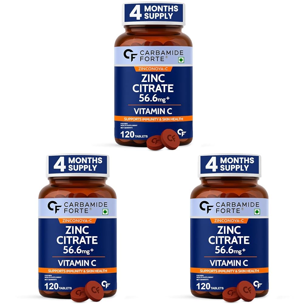 Carbamide Forte Zinc Citrate with Vitamin C | Zinc Supplements for Men & women with 100% RDA Zinc | Immunity & Cellular Health Support – 120 Tablets (Pack of 3)