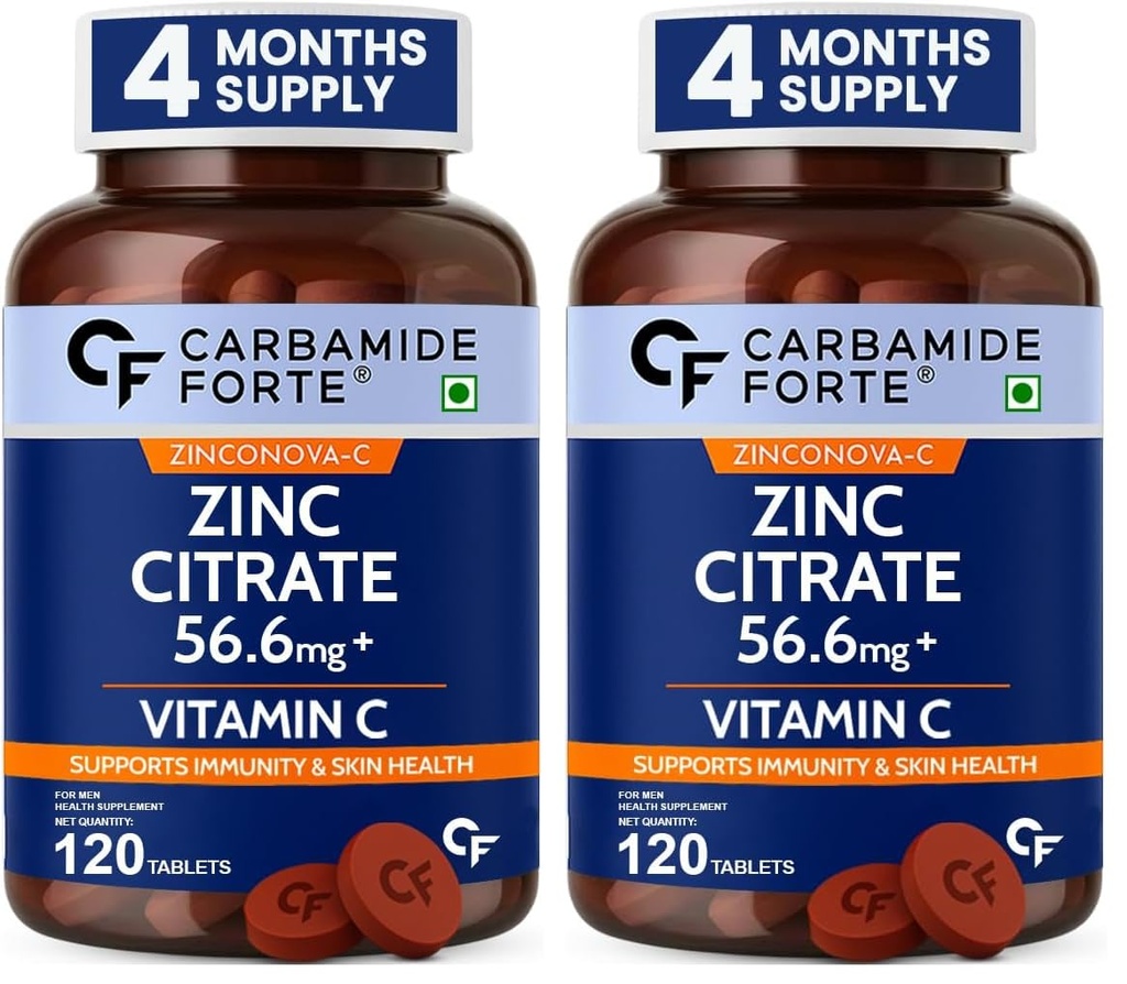 Carbamide Forte Zinc Citrate with Vitamin C | Zinc Supplements for Men & women with 100% RDA Zinc | Immunity & Cellular Health Support – 120 Tablets (Pack of 2)