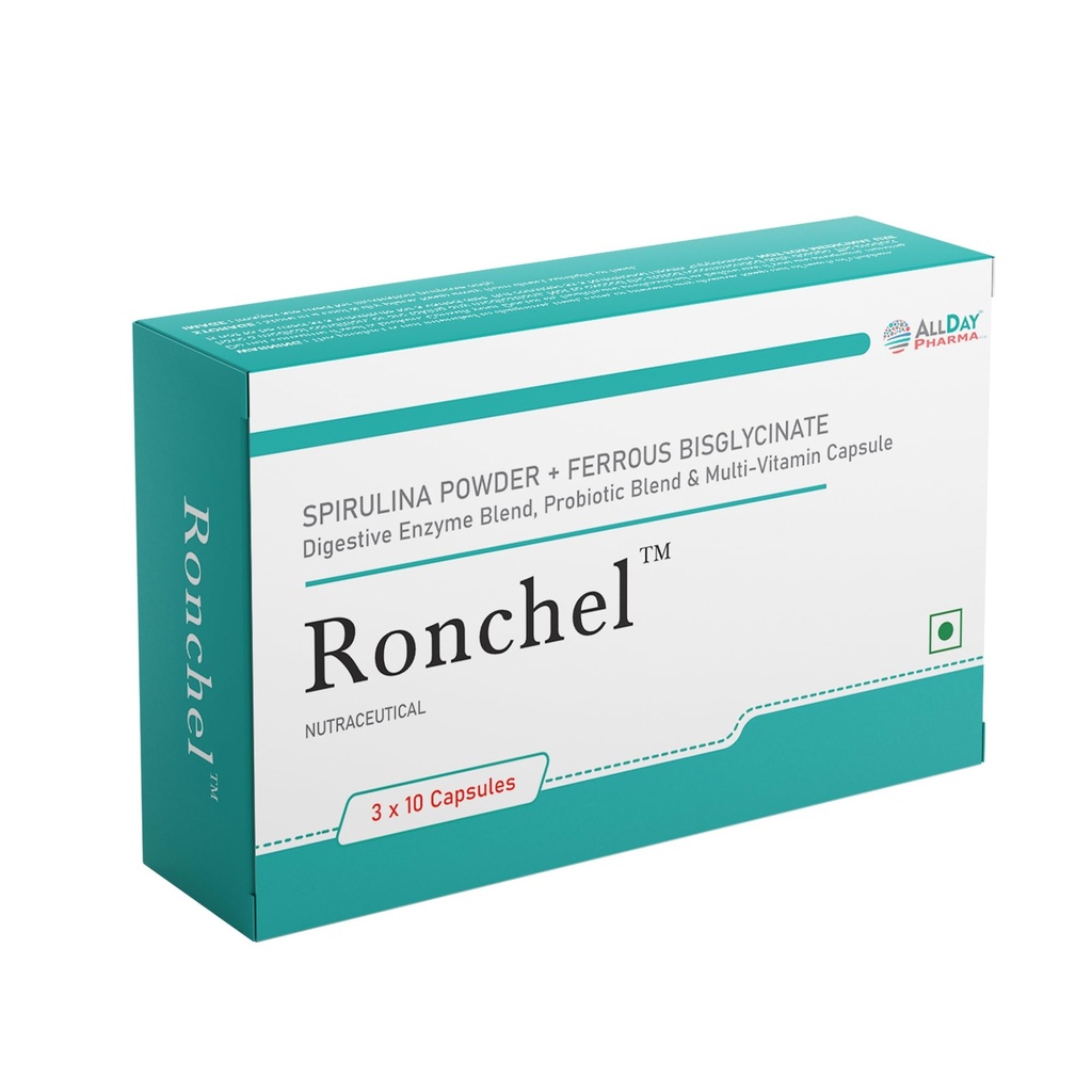 ALLDAY PHARMA Ronchel Capsules | Chelated Iron Capsule | Dietary with Mineral and Vitamins Help in Gut health and Prevention of Iron deficiency for Men & Women (30 Capsules)