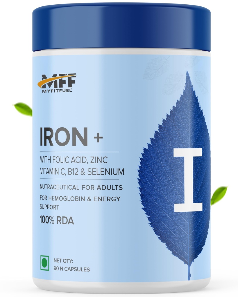 MyFitFuel Iron (3 Months) + Folic Acid, Zinc, Vitamin C & B12 Supplement For Hemoglobin, Immunity & Energy, (90 Capsules)