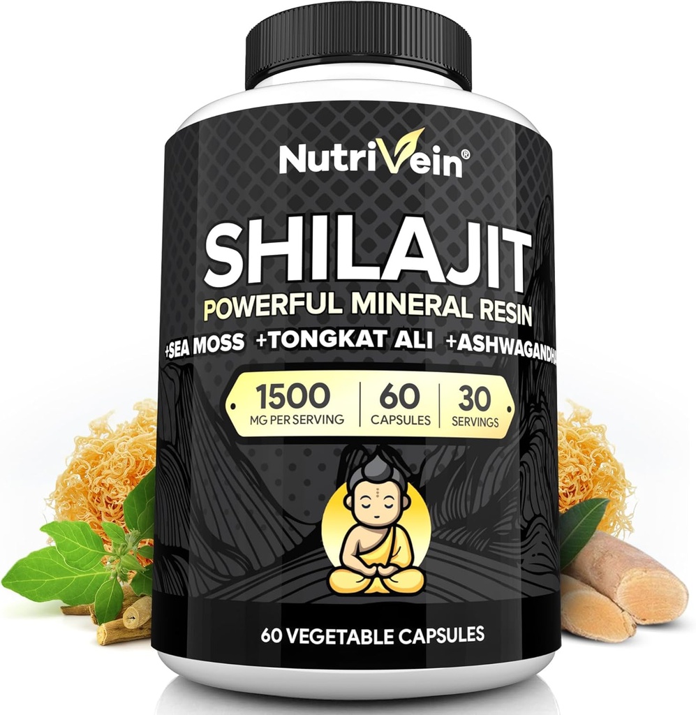 Nutrivein Premium Pure Himalayan Shilajit for Men and Women - 1500 mg - 60 Capsules- Powerful Resin Extract Blended with Irish Sea Moss, Tongkat Ali, & Ashwagandha - Vitality, Clarity, & Performance