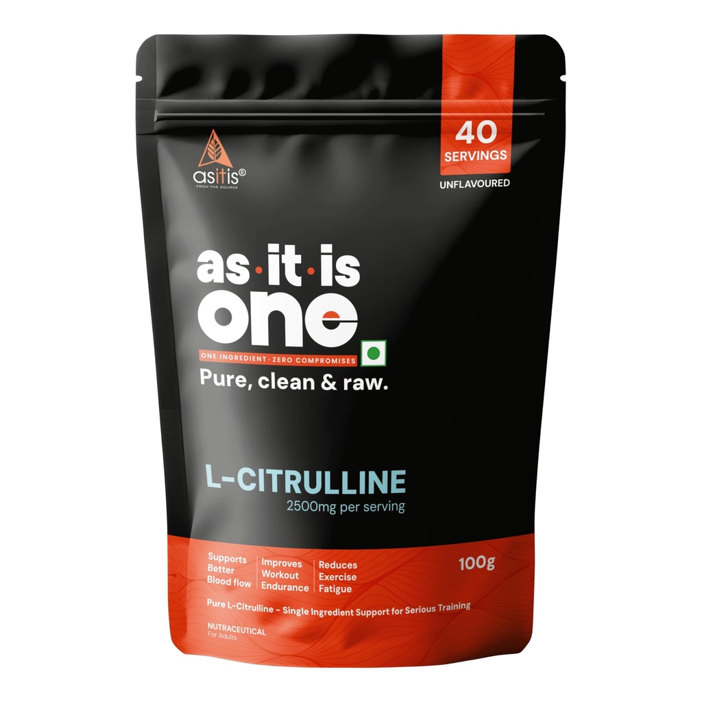 AS-IT-IS One L Citrulline Powder, Unflavoured, Unsweetened, 100g - Supports Blood Flow, Nitric Oxide Production & Endurance