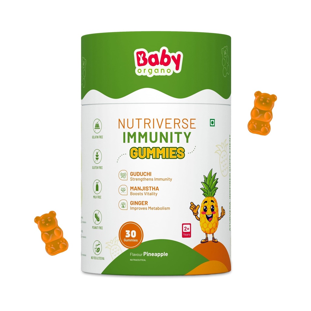 BabyOrgano Ayurvedic Immunity Gummies for Kids 2+ Yrs | 95% Curcumin Amla Guduchi Giloy & Manjistha | Immunity Booster | Gelatin & Gluten Free | FSSAI Approved | Pineapple Flavour | 30 Gummies