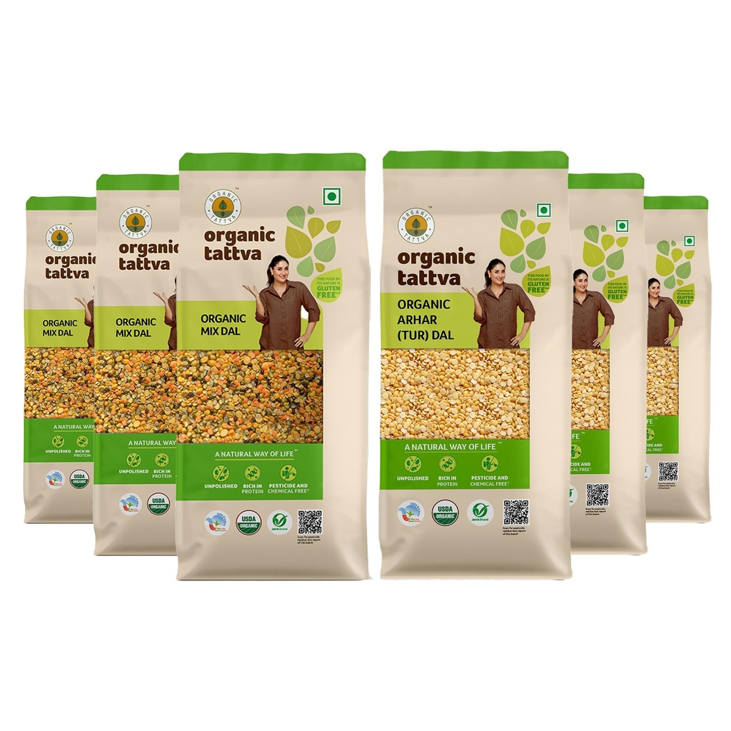 Organic Tattva Dal Combo Pack – Mix Dal 500g (Pack of 3) + Arhar (Tur) Dal 500g (Pack of 3) | Protein Rich & High Fibre | Total 3kg