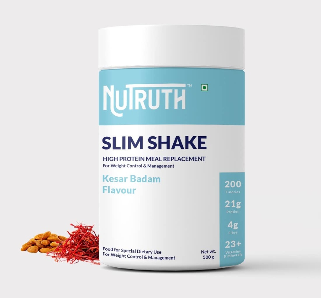 High Protein Meal Replacement Kesar Badam Flavoured Slim Shake | 21 Gm Protein/Serving | Weight Control & Management Protein Shake (500 Gm)